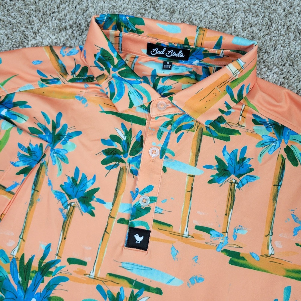 Bad Birdie Mens Small Orange AOP Floral Performance Stretch Golf Polo SS
